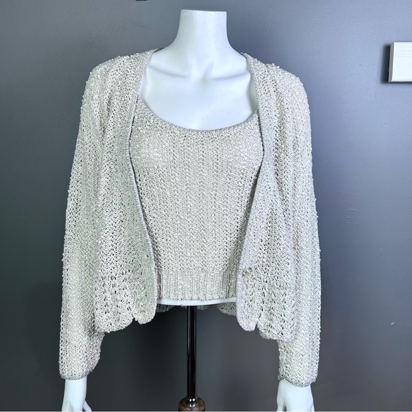 Vintage Cardigan Sweater Size Large twinset Irish Linen Crochet knitted metallic - Picture 3 of 16